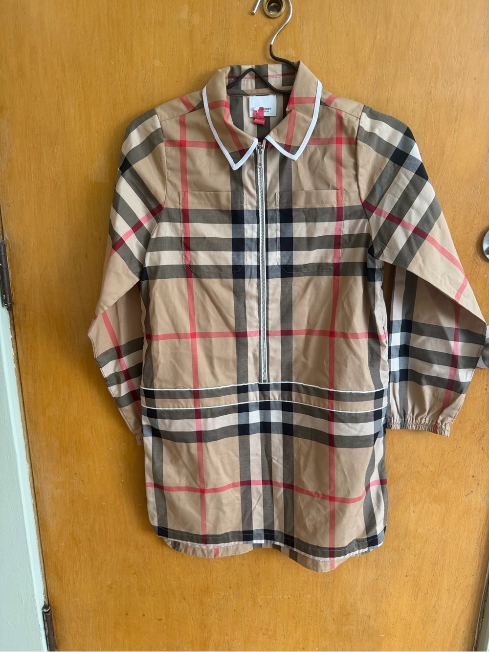 Burberry Beige Plaid Zip Dress with Dark and Red Accents